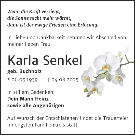 Traueranzeige von Karla Senkel von Trauerkombi Mansfelder Land