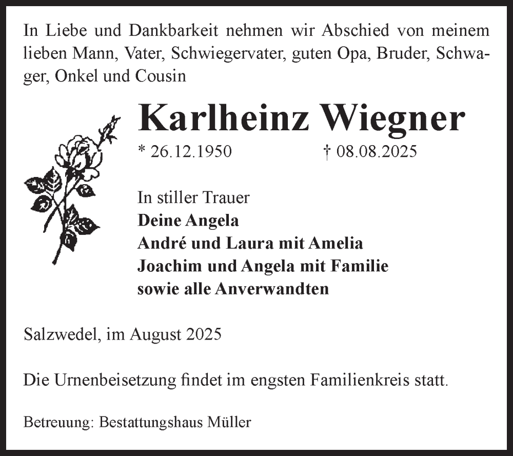  Traueranzeige für Karlheinz Wiegner vom 12.08.2025 aus Volksstimme Altmark West