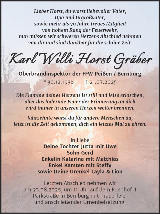 Traueranzeige von Karl Willi Horst Gräber von Trauerkombi Bernburg