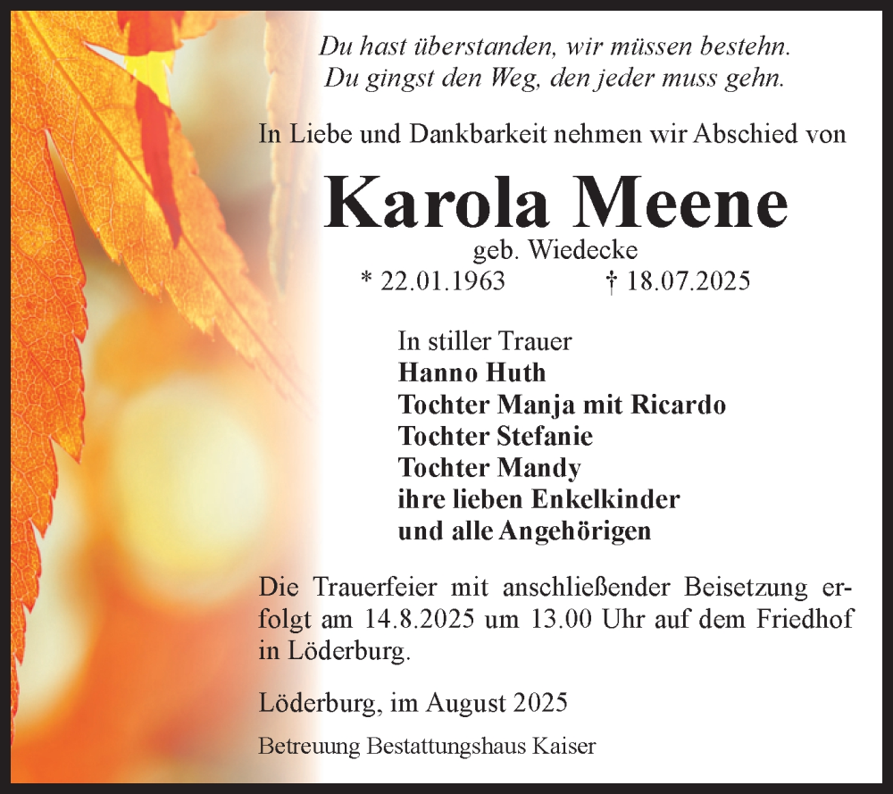 Traueranzeige für Karola Meene vom 09.08.2025 aus 
