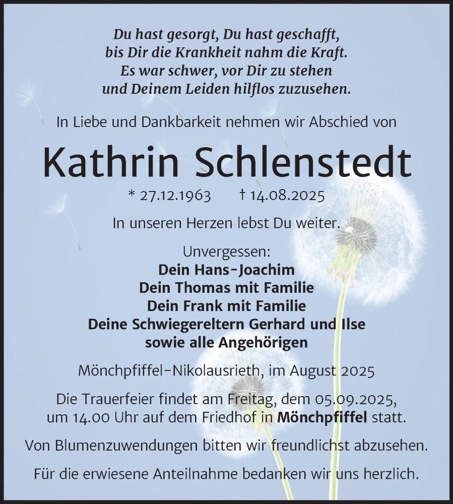  Traueranzeige für Kathrin Schlenstedt vom 22.08.2025 aus Trauerkombi Sangerhausen