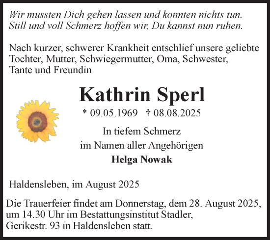 Traueranzeige von Kathrin Sperl von Volksstimme Haldensleben/Wolmirstedt