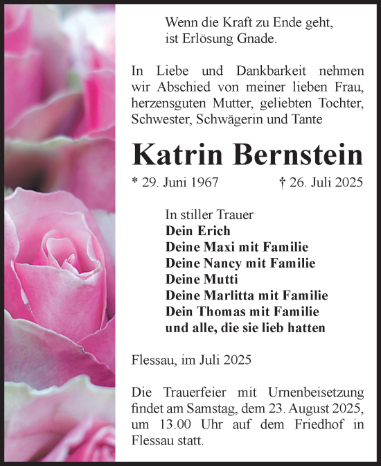 Traueranzeige von Katrin Bernstein von Volksstimme Altmark Ost