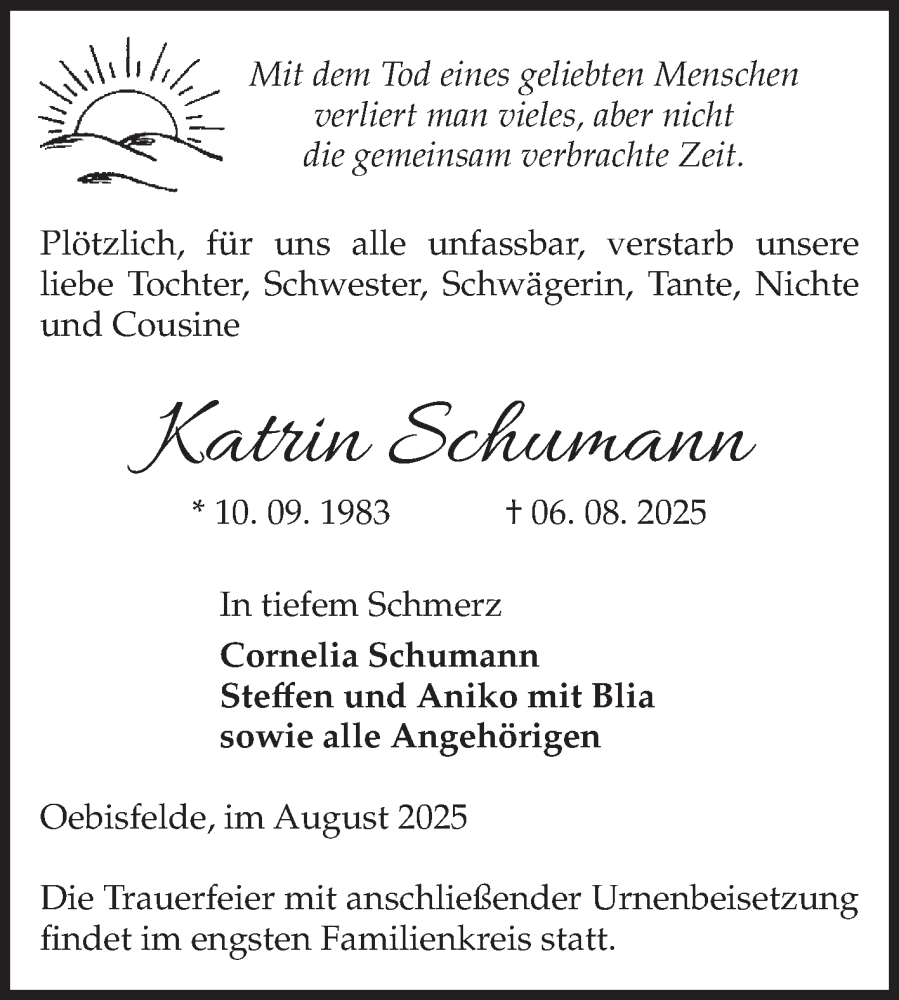  Traueranzeige für Katrin Schumann vom 16.08.2025 aus Volksstimme Altmark West