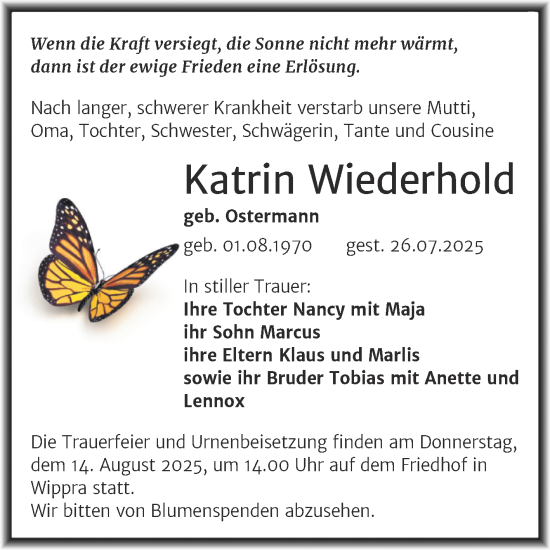 Traueranzeige von Katrin Wiederhold von Trauerkombi Mansfelder Land