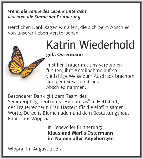 Traueranzeige von Katrin Wiederhold von Trauerkombi Sangerhausen