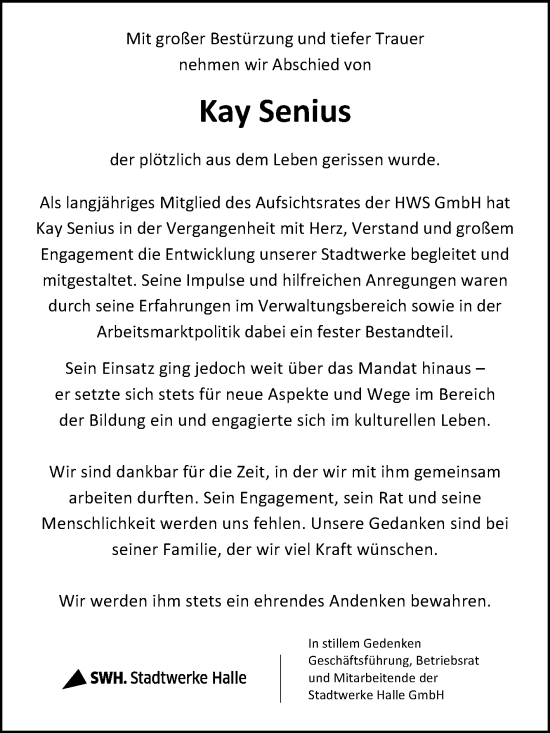 Traueranzeige von Kay Senius von Mitteldeutsche Zeitung Halle/Saalkreis