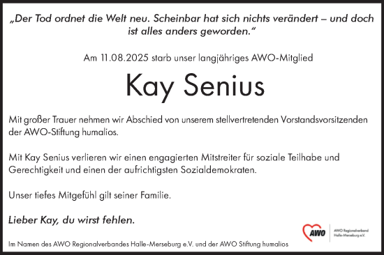 Traueranzeige von Kay Senius von Mitteldeutsche Zeitung Halle/Saalkreis
