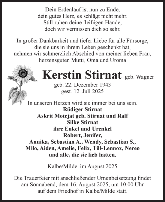 Traueranzeige von Kerstin Stirnat von Volksstimme Altmark West