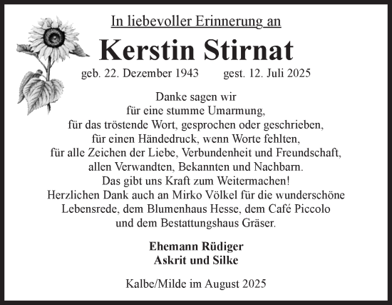 Traueranzeige von Kerstin Stirnat von Volksstimme Altmark West