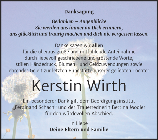 Traueranzeige von Kerstin Wirth von Trauerkombi Wittenberg