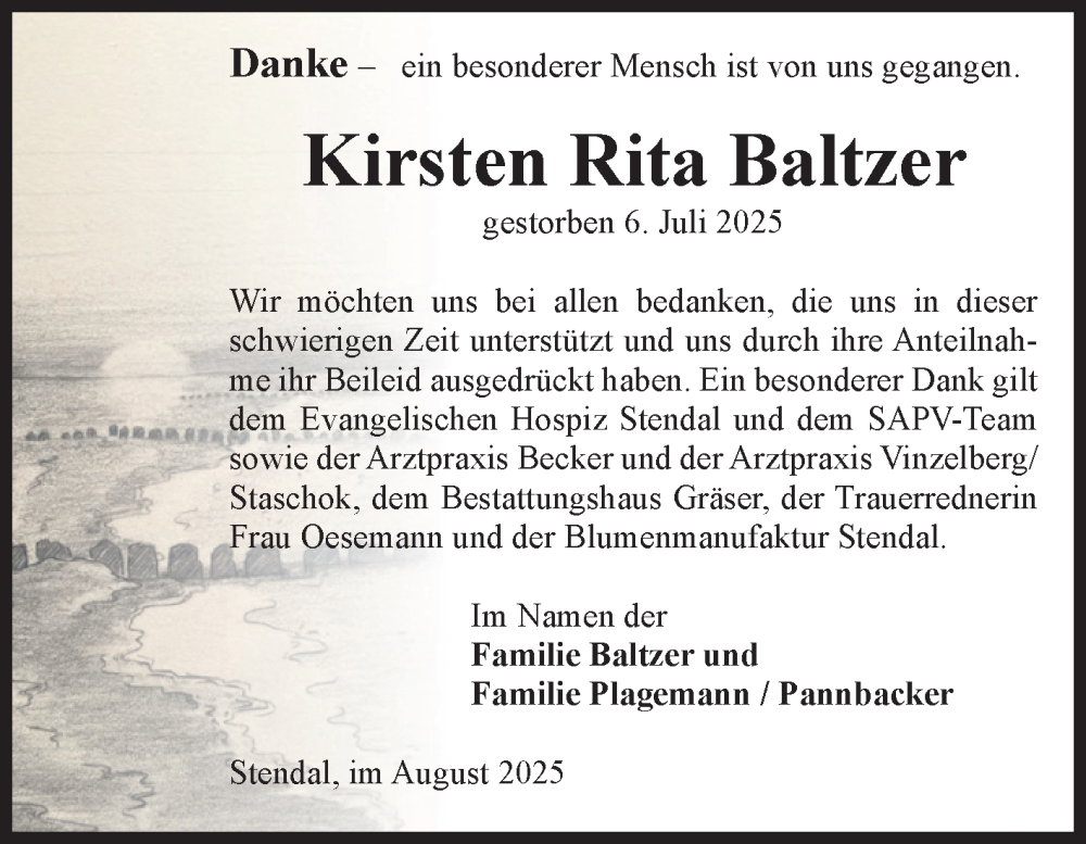  Traueranzeige für Kirsten Rita Baltzer vom 09.08.2025 aus Volksstimme Altmark Ost