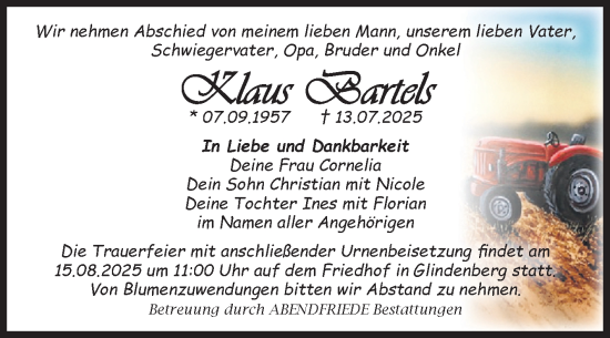 Traueranzeige von Klaus Bartels von Volksstimme Haldensleben/Wolmirstedt