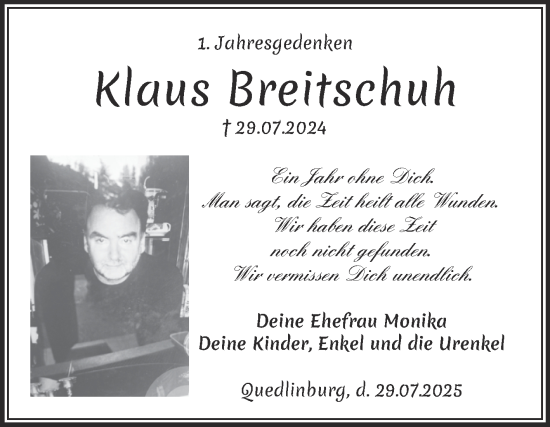 Traueranzeige von Klaus Breitschuh von Super Sonntag Quedlingburg