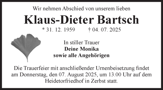 Traueranzeige von Klaus-Dieter Bartsch von Volksstimme Zerbst
