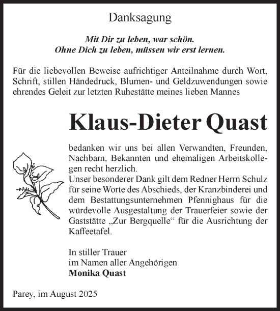 Traueranzeige von Klaus-Dieter Quast von Volksstimme Burg/Genthin