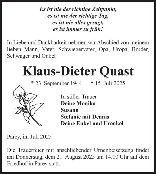 Traueranzeige von Klaus-Dieter Quast von Volksstimme Burg/Genthin