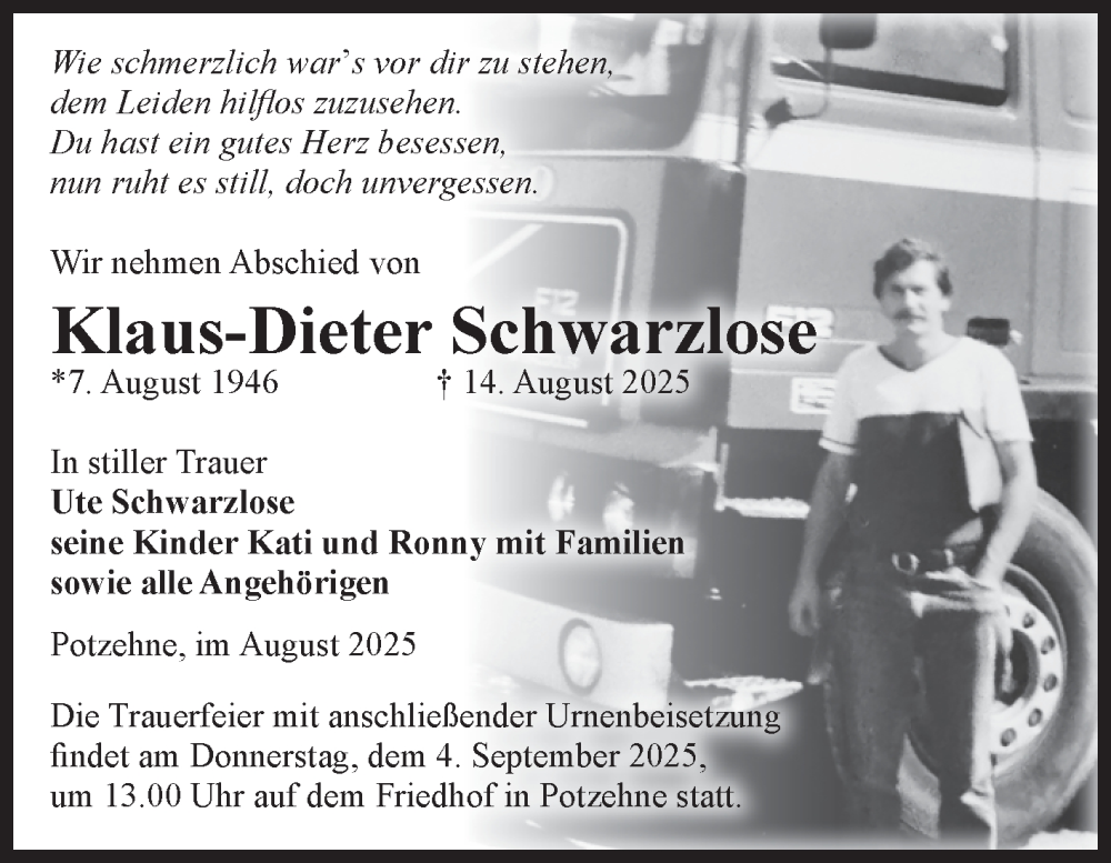  Traueranzeige für Klaus-Dieter Schwarzlose vom 23.08.2025 aus Volksstimme Altmark West