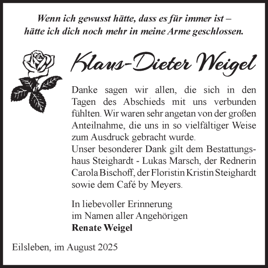 Traueranzeige von Klaus-Dieter Weigel von Volksstimme Oschersleben/Wanzleben