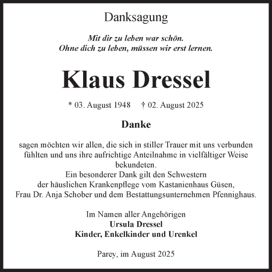 Traueranzeige von Klaus Dressel von Volksstimme Burg/Genthin