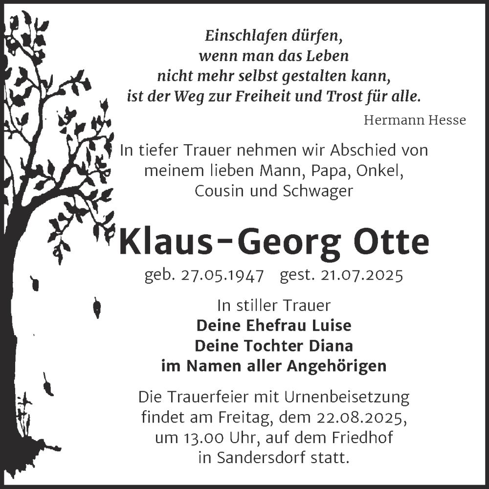  Traueranzeige für Klaus-Georg Otte vom 09.08.2025 aus Trauerkombi Bitterfeld