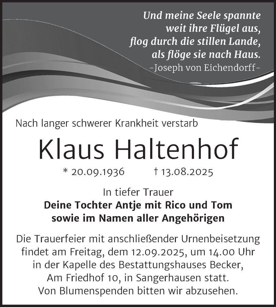  Traueranzeige für Klaus Haltenhof vom 23.08.2025 aus Trauerkombi Sangerhausen