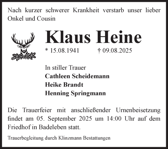 Traueranzeige von Klaus Heine von Volksstimme Oschersleben/Wanzleben