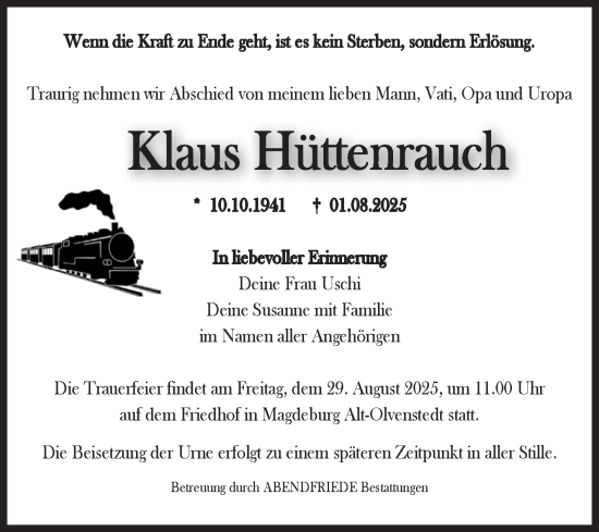 Traueranzeige von Klaus Hüttenrauch von Volksstimme Magdeburg