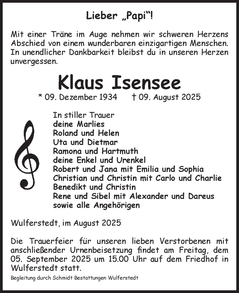  Traueranzeige für Klaus Isensee vom 23.08.2025 aus Volksstimme Oschersleben/Wanzleben