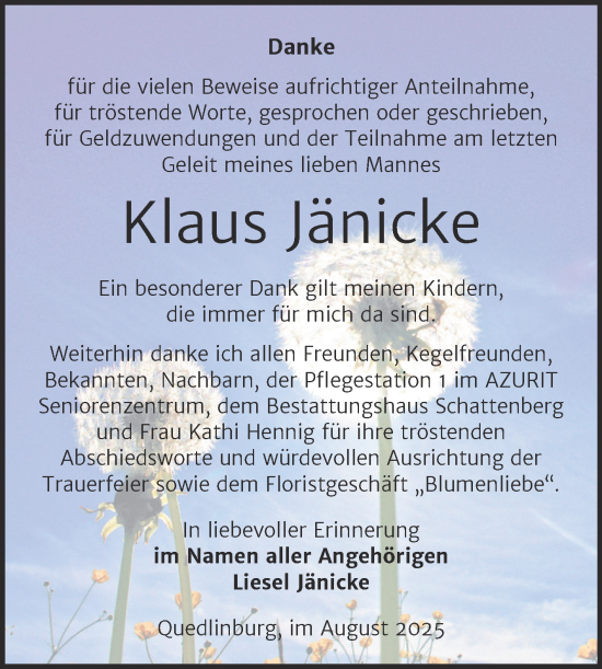 Traueranzeige von Klaus Jänicke von Trauerkombi Quedlinburg
