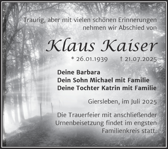 Traueranzeige von Klaus Kaiser von Trauerkombi Aschersleben