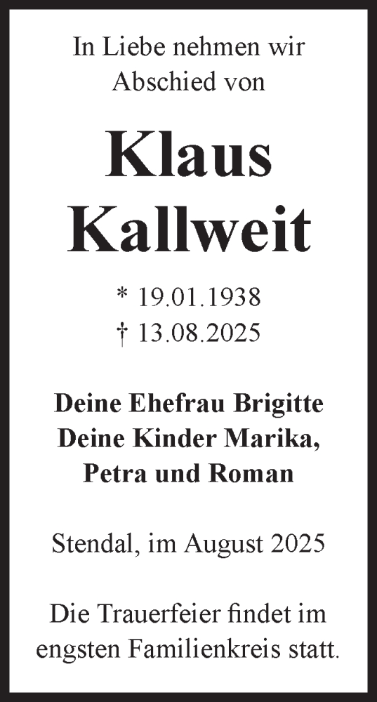 Traueranzeige von Klaus Kallweit von Volksstimme Altmark Ost