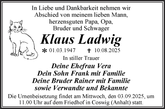 Traueranzeige von Klaus Ladwig von Trauerkombi Wittenberg