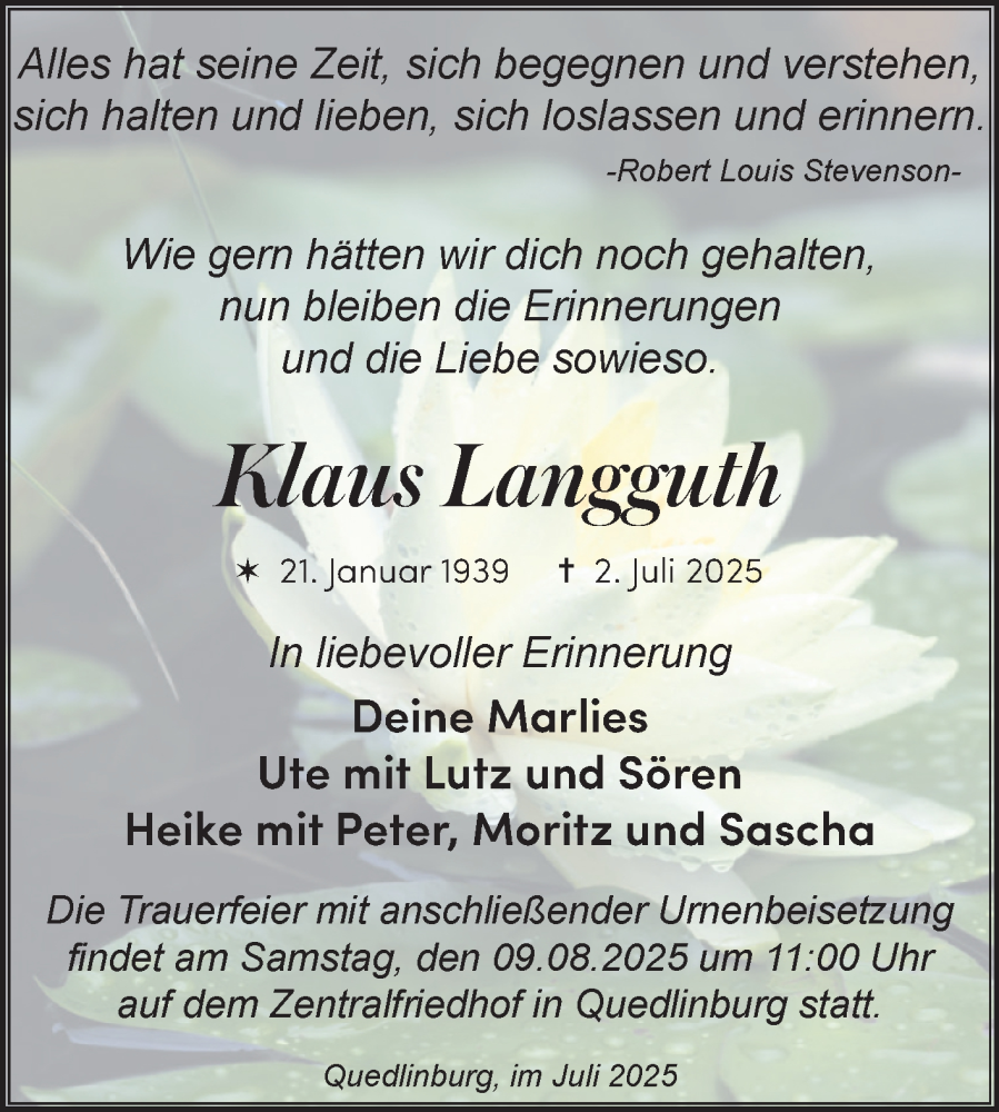  Traueranzeige für Klaus Langguth vom 02.08.2025 aus Trauerkombi Quedlinburg