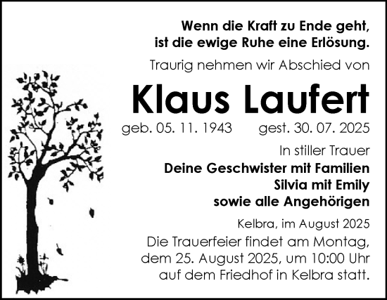 Traueranzeige von Klaus Laufert von Trauerkombi Sangerhausen