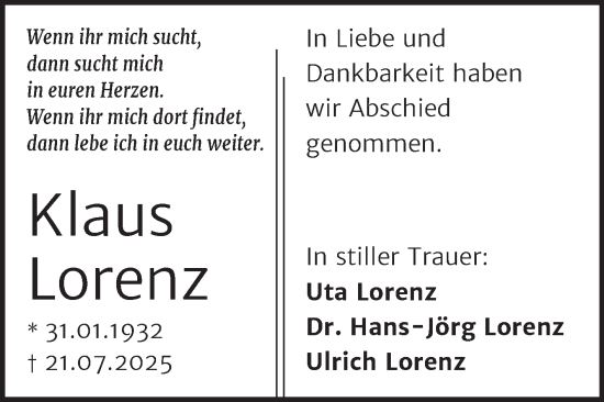 Traueranzeige von Klaus Lorenz von Trauerkombi Mansfelder Land