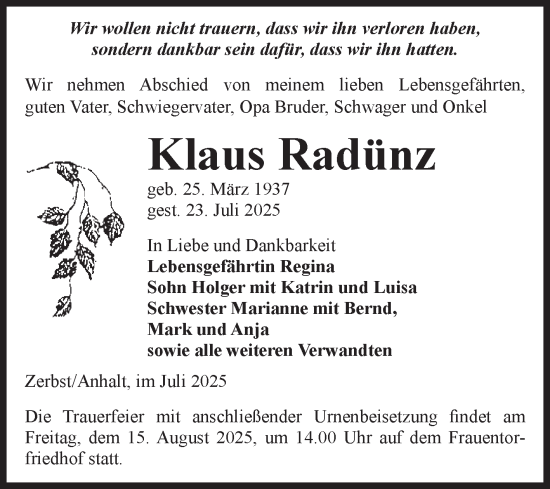 Traueranzeige von Klaus Radünz von Volksstimme Zerbst