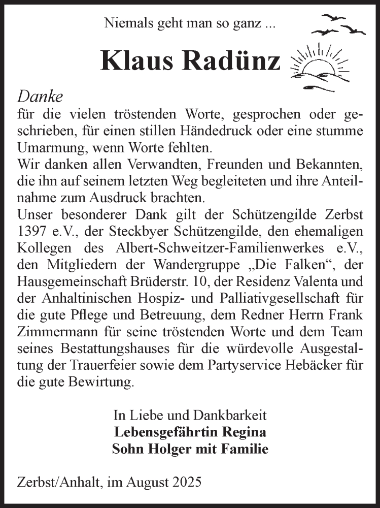  Traueranzeige für Klaus Radünz vom 30.08.2025 aus Volksstimme Zerbst
