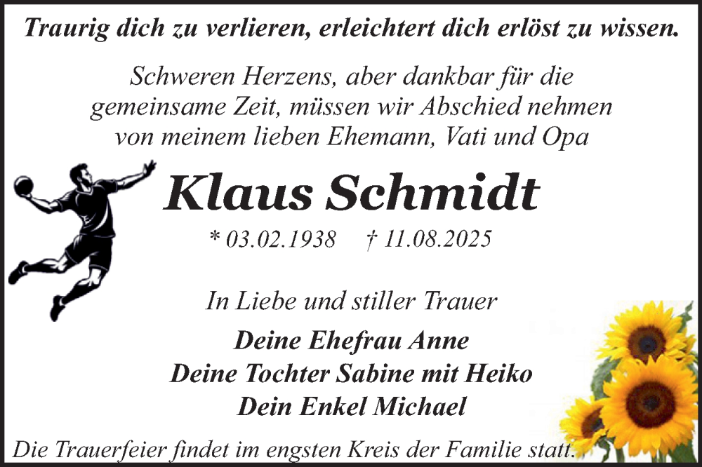  Traueranzeige für Klaus Schmidt vom 23.08.2025 aus Trauerkombi Dessau