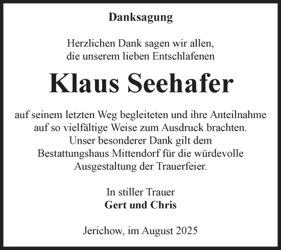 Traueranzeige von Klaus Seehafer von Volksstimme Burg/Genthin