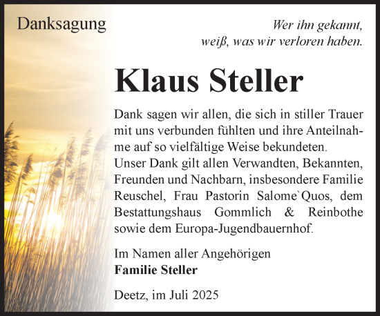 Traueranzeige von Klaus Steller von Volksstimme Zerbst