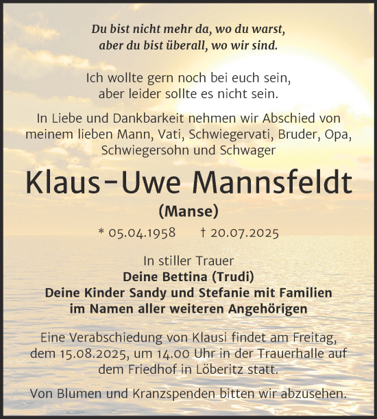 Traueranzeige von Klaus-Uwe Mannsfeldt von Trauerkombi Bitterfeld