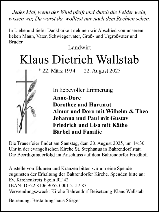 Traueranzeige von Klaus Dietrich Wallstab von Volksstimme Oschersleben/Wanzleben