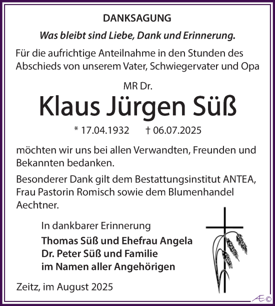Traueranzeige von Klaus Jürgen Süß von Trauerkombi Zeitz