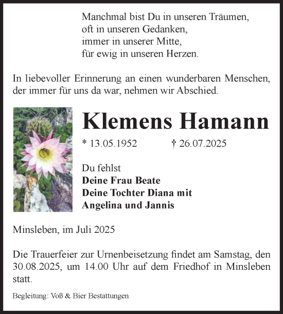 Traueranzeige von Klemens Hamann von Volksstimme Wernigerode