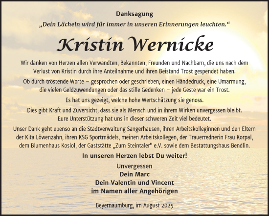 Traueranzeige von Kristin Wernicke von Trauerkombi Sangerhausen
