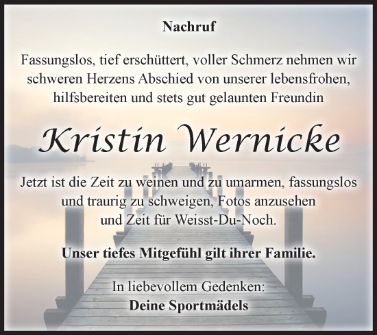 Traueranzeige von Kristin Wernicke von Trauerkombi Sangerhausen