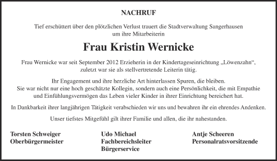 Traueranzeige von Kristin Wernicke von Mitteldeutsche Zeitung Sangerhausen
