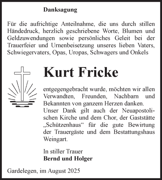 Traueranzeige von Kurt Fricke von Volksstimme Altmark West