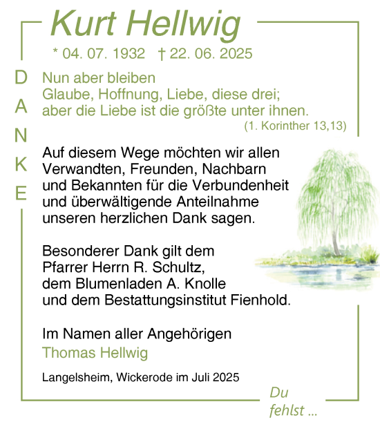 Traueranzeige von Kurt Hellwig von Trauerkombi Sangerhausen